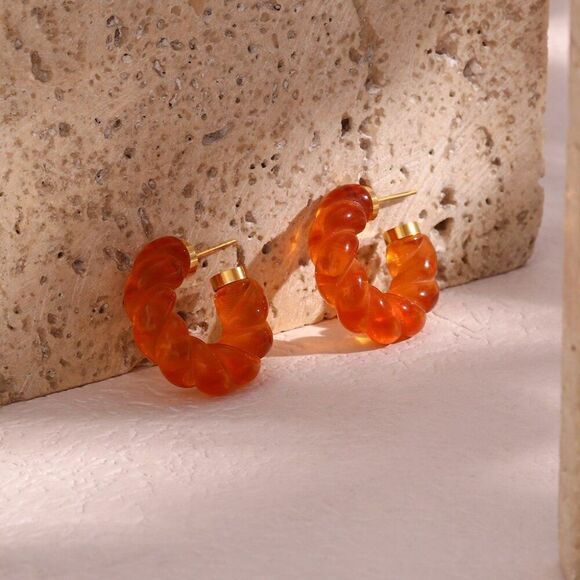 Orange Amber Boho Chunky Acrylic Twisted Hoop Earrings 18K Gold Plated S… - Picture 4 of 6
